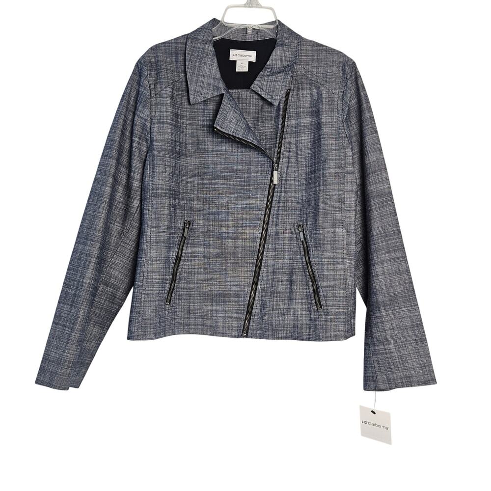 Liz Claiborne Womens XL Demin Blue Chambray Moto Jacket Zip Modern Sporty NWT